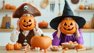 Japanese Children in Halloween Costumes with Carved Pumpkins