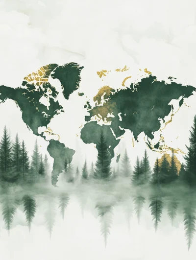 Ink Wash World Map with Pine Trees