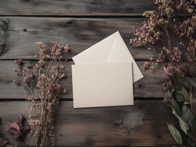 Card and envelope on rustic wooden table