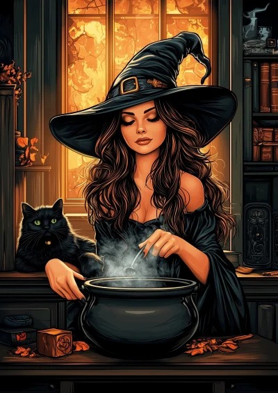 Witch cooking in a cauldron with black cat