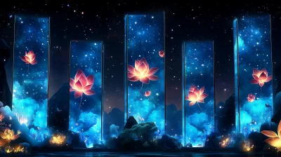 Dreamy Stage with Blue Screens and Lotus Patterns