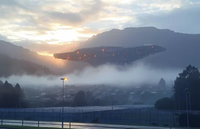 Ominous Mothership in Hazy Landscape