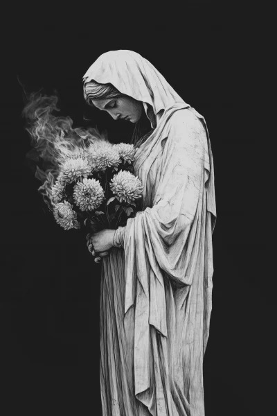 Sad Marble Madonna Statue with Chrysanthemum Flowers