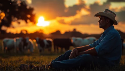 Tired farmer with cows on a farm