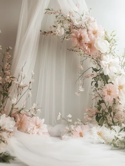 Delicate Flowers and Tule Arch Wall