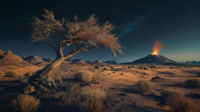 Desert Night Landscape with Broom Tree and Volcano Eruption