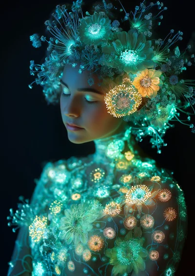 Crystal woman in bioluminescent dress