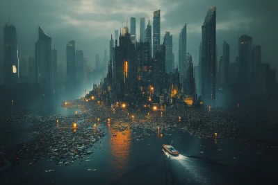 Futuristic City on Floating Garbage Island