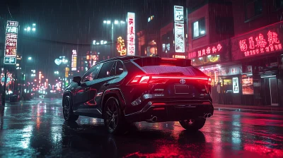 City Night Scene with Black Toyota RAV4 Hybrid