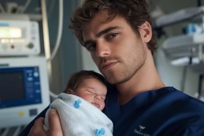 Father and Newborn Baby Bonding in Hospital Room