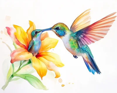 Mother and Baby Hummingbird Watercolor Painting