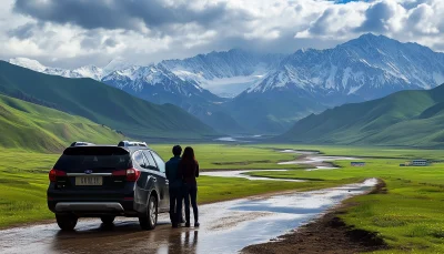 Scenic Landscape with Couple and SUV