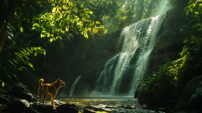 Dog by Waterfall in Lush Forest