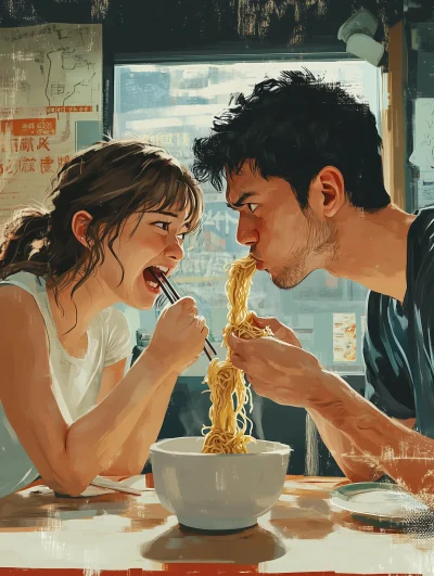 Couple Eating Instant Noodles