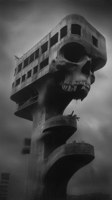 Skull and Brutalistic Building