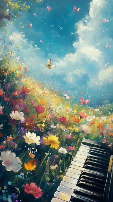 Enchanting Field of Flowers with Piano Keys