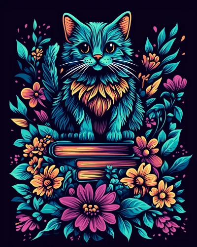 Colorful Cat and Books with Flowers