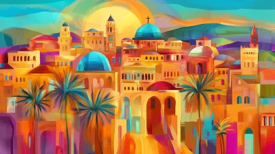 Colorful Abstract Painting of Old City of Jerusalem