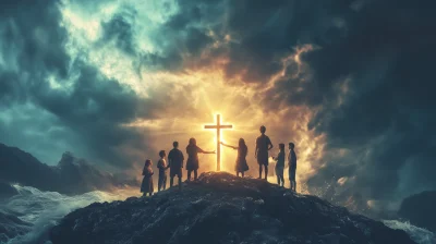 Group Standing Firm on Cliff with Glowing Crosses