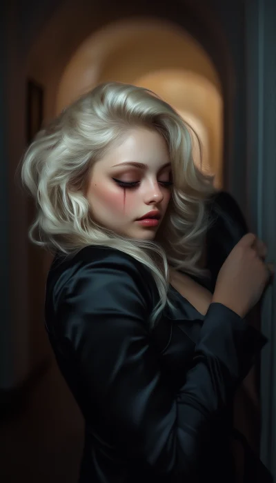 Soft Curled Blonde Vampire Woman in Corridor