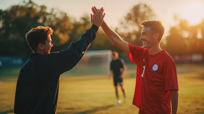 Coach Motivating Athlete on Soccer Field