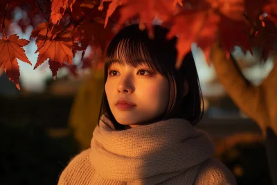 Autumn Sunset with Japanese Woman