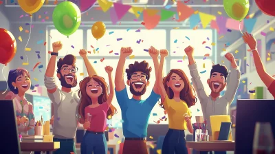 Cartoon Startup Team Celebrating Success