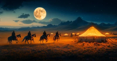 Mongolian Horse Riders at Night