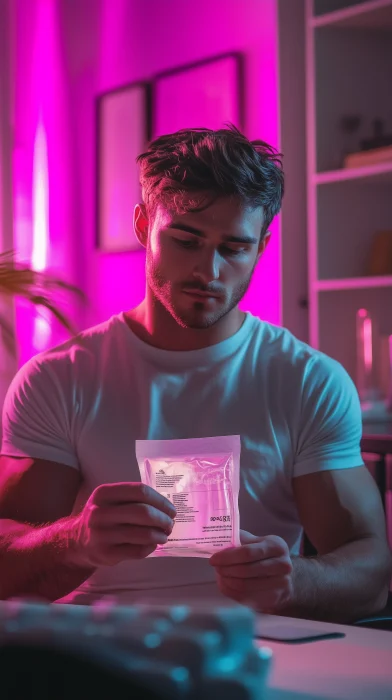 Man holding supplement pouch in modern bedroom