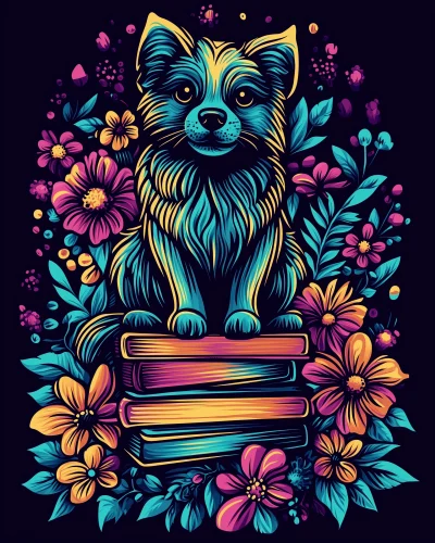 Colorful Dog on Stack of Books