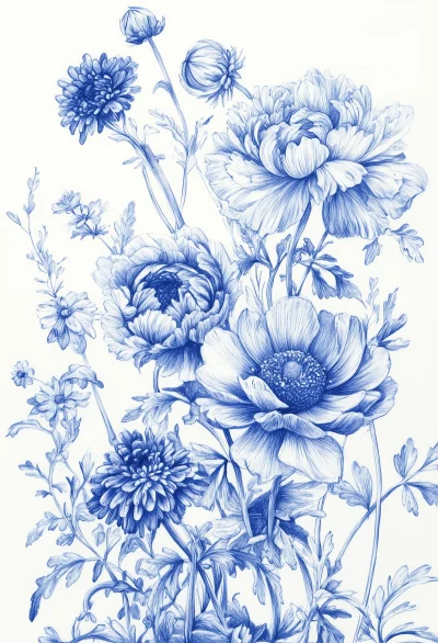 Blue Ink Chrysanthemums Drawing