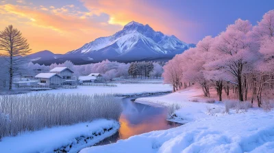 Anime-style Sunset over Snowy Mountains