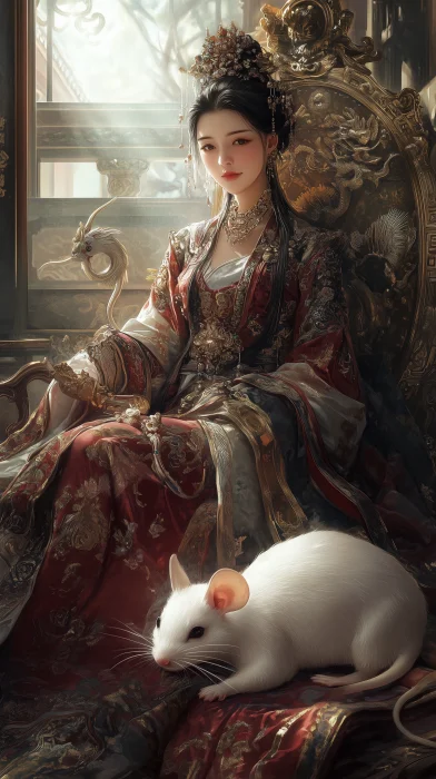 Chinese Queen on Treasure Seat with White Mouse