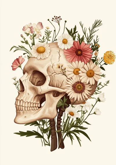 Anatomical Skull with Wildflower Crown Illustration