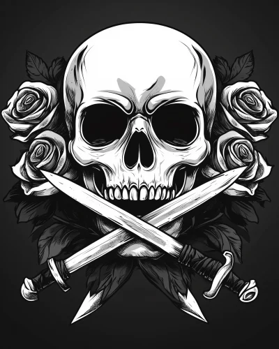 Skull with Roses and Daggers Illustration