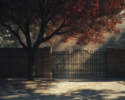 Maple tree beside a school backyard with a steel gate