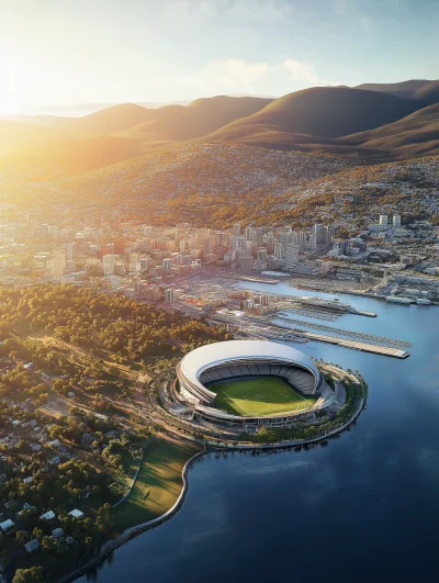 Aerial View of Hobart City with New Sports Stadium