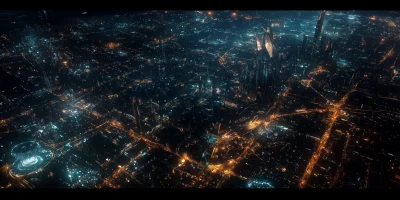 Futuristic Night Cityscape from Airplane