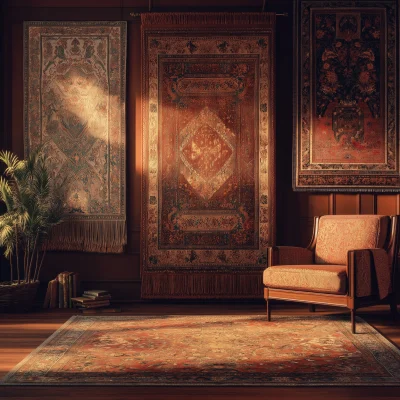 Vintage Room Interior with Hanging Rugs