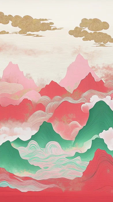 Chinese Painting with Golden Clouds and Red Mountains