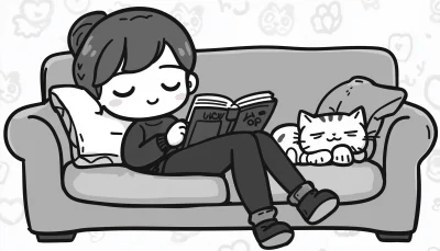 Woman Reading Book with Cat on Lap