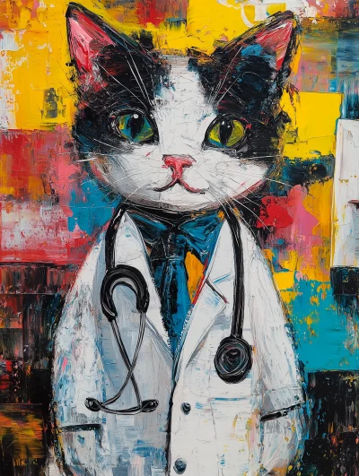 Abstract Painting of a Cat in a Doctor Uniform