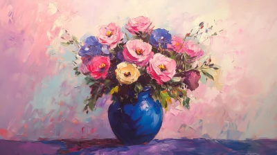 Oil painting of flowers in a blue vase