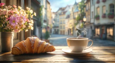 Cappuccino and Croissant in an Old Town Setting