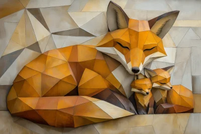 Fox Family in Abstract Cubism Style