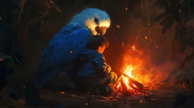 Giant White Capped Pionus and Boy by Campfire