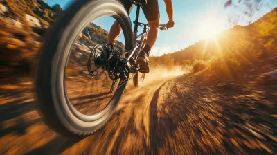 Mountain Bike Racing Down Rocky Mountain Trail