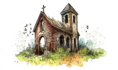 Old Country Church Ruins Watercolor Sketch