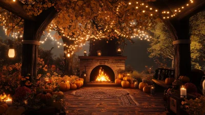 Cozy Autumn Halloween Porch with Fireplace