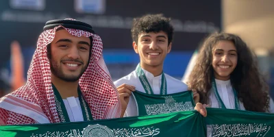 Saudi Students with AI Medals and Flag